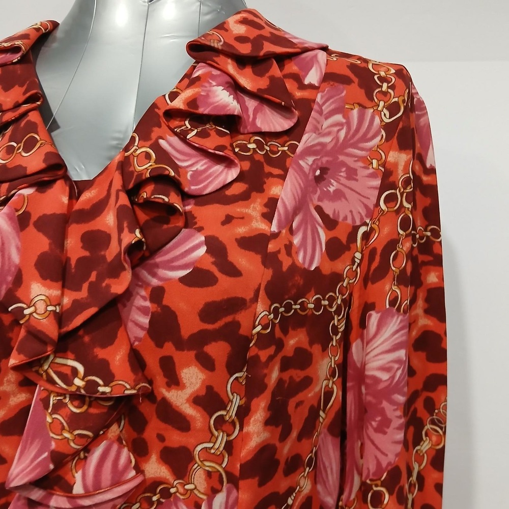 Vintage Silk Gallia Leopard Floral Chain Print Ruffle V Neck Button Blouse Sz 8 - Picture 2 of 5